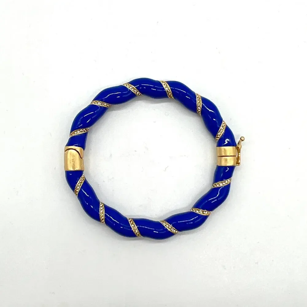 CLARE V Gold Plated Enamel Rope Bangle Bracelet Blue Rhinestone Crystal NEW